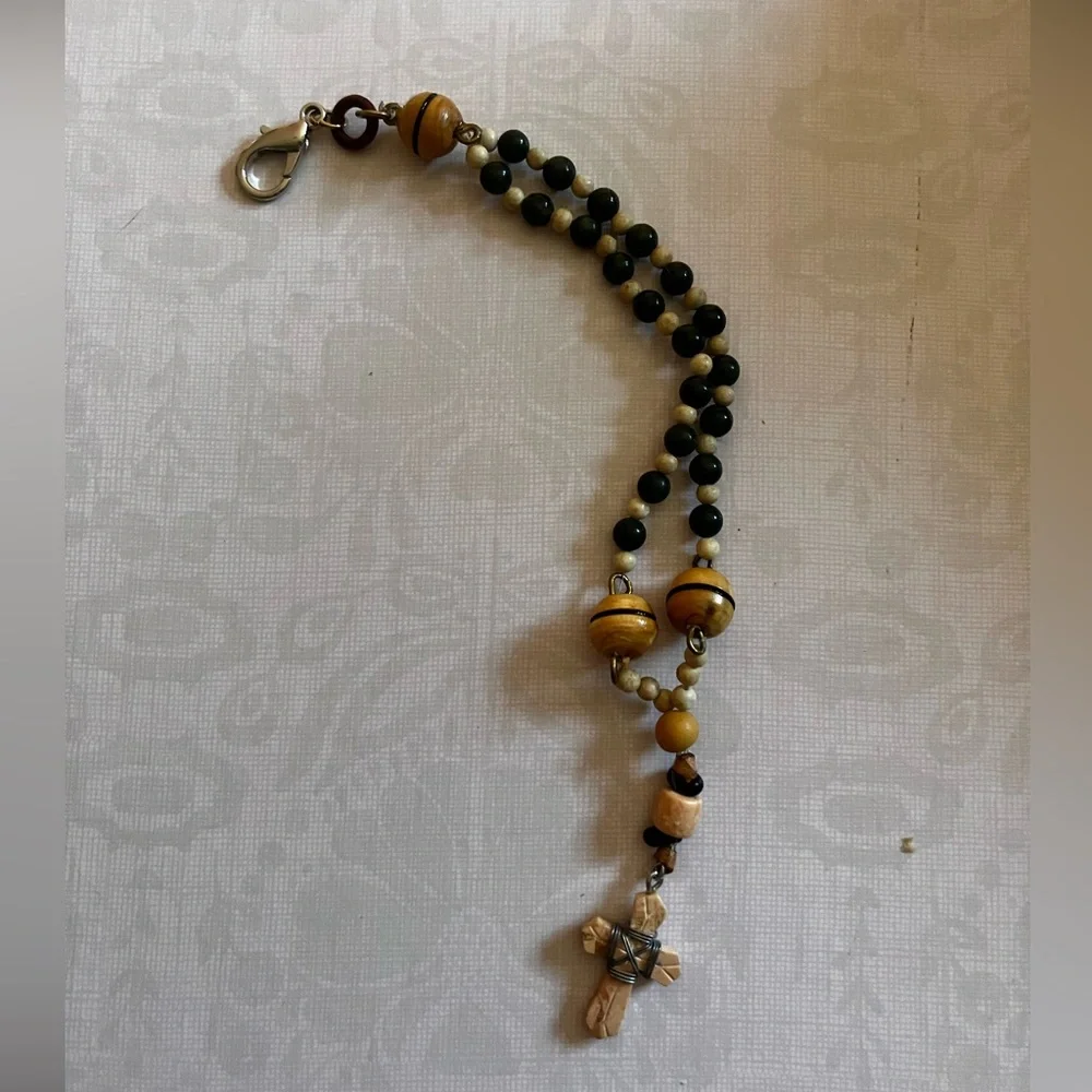Handmade Hand Held Tan Wood & Green Jade Rosary Beaded Prayer Beads Purse Charm